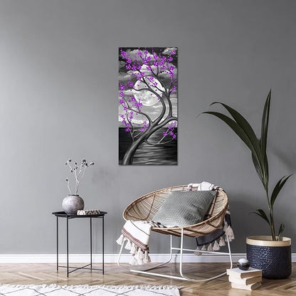 KREATIVE ARTS Purple Flower Tree Wall Art for Bedroom Cherry Blossom Tree in Full Moon Night Landscape Canvas Prints Artwork for Home Wall Decoration Ready to Hang Vertical 20x40inch (Purple)