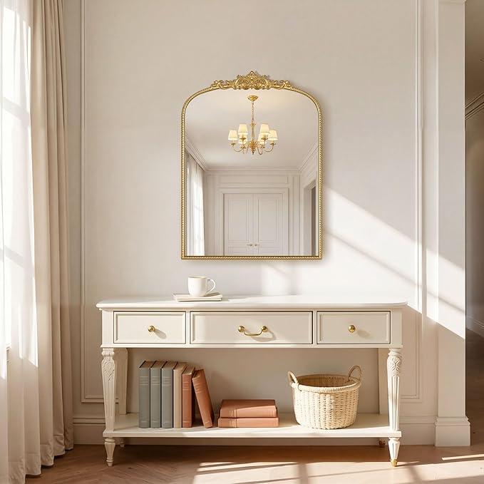 Gold Vintage Mirror 24x32 Inch, Laurel Leaf Ornate Beaded Frame Vertical Vanity Mirror, Antique Decorative Mirror for Bathroom, Bedroom, Entryway, Living Room
