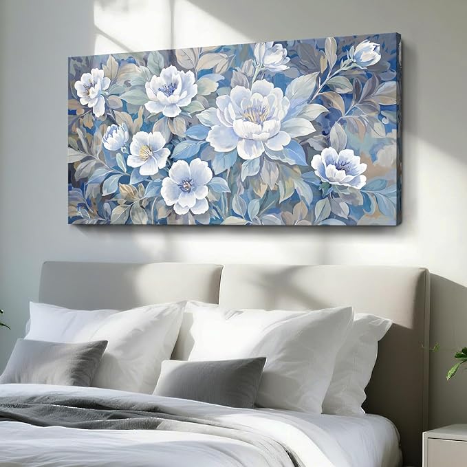 amatop Large Blue White And Gray Canvas Wall Art, Modern Natural Abstract Prints Of Plants For Living Rooms; Unique Blooming Flower Artwork For Bedrooms, Bathrooms, Dining Rooms, And Studies. 48X24In
