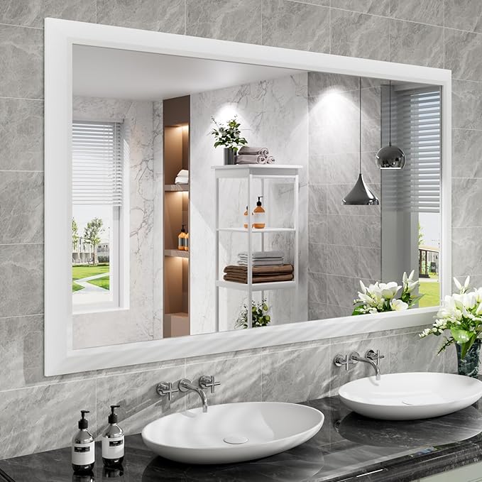 Amorho Bathroom Mirror, 60X36 Inch White Thick Metal Framed Wall Mirrors for Over 2 Sinks, Bedroom, Living Room, Entryway, Large Rectangle Wall-Mounted Mirrors.