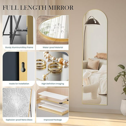 Sweetcrispy 59"x16" Arched Full Length Mirror, Full Body Mirror with Aluminum Alloy Thin Frame, Leaning or Standing, Suitable for Bedroom, Livingroom, Cloakroom, Gold