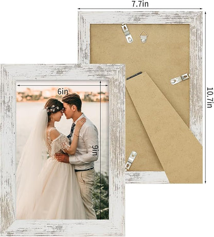 iRahmen 6x9 Picture Frame Set of 2, Distressed White Frame with HD Glass, Wood Rustic Photo Frames for Horizontal or Vertical Tabletop and Wall Mounting