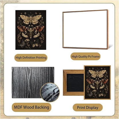 Djmwtb Vintage Framed Wall Art Moth Canvas Wall Art Prints Gothic Paintings Botanical Aesthetic Pictures Wall Decor Artwork for Living Room Bedroom Bathroom Office 16x24in