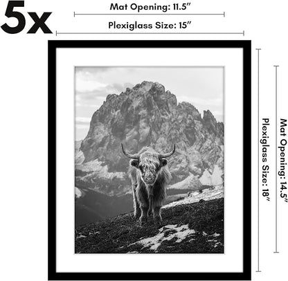 Americanflat 15x18 Picture Frame with Polished Plexiglass - Set of 5 - Use as 12x15 Frame with Mat or Display 15x18 Photo Without Mat - Galleria Collection - Picture Frames for Wall Display - Black
