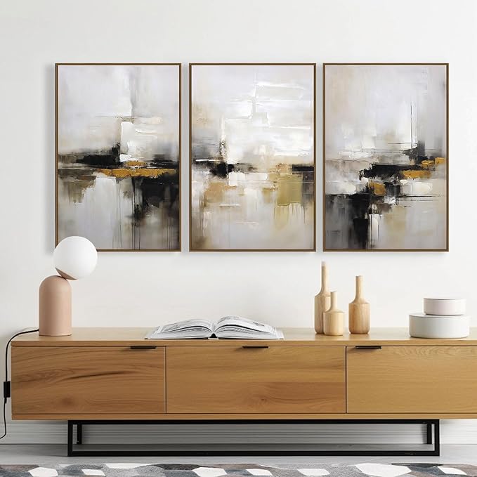 Neutral Abstract Wall Decor Mid Century Modern Framed Wall Art, Black and Brown Grunge Wabi Sabi Art Print Canvas Set for Home Office Living Room Bedroom, 3 Panels, 24x36 Inch, Ready to Hang
