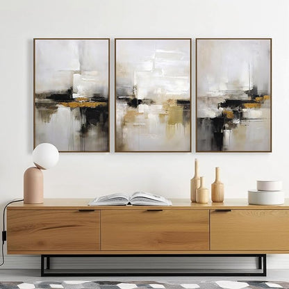 Neutral Abstract Wall Decor Mid Century Modern Framed Wall Art, Black and Brown Grunge Wabi Sabi Art Print Canvas Set for Home Office Living Room Bedroom, 3 Panels, 24x36 Inch, Ready to Hang