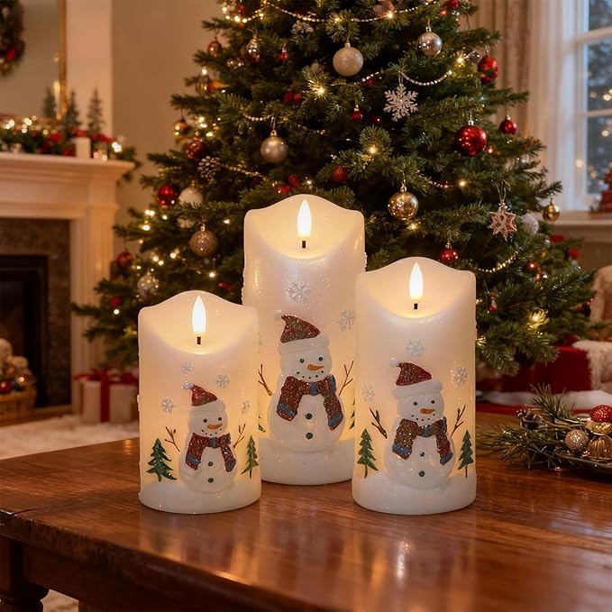 Snowman Flameless Candles Battery Operated with Remote and Timer Real Wax 3D Wick Flickering LED Pillar Candles Color Painted Carved Snowflake Christmas Holiday Decor(3" D x 5", 6", 7" H)