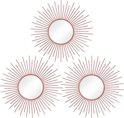 3 Pack Metal Mirrors for Wall Sunburst Wall Mirrors Home Décor Decorative Hanging Wall Art for Living Room Bedroom Entryway (Pink, Sunburst)