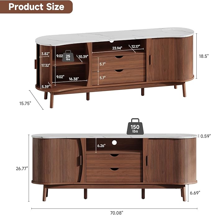 ONBRILL 70 Inch Fluted TV Stand for TVs up to 80 Inch, Curved Entertainment Center with LED Light, Power Outlet, Storage, Mid Century Modern Media TV Console Table for Living Room, Bedroom, Walnut