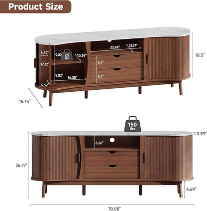 ONBRILL 70 Inch Fluted TV Stand for TVs up to 80 Inch, Curved Entertainment Center with LED Light, Power Outlet, Storage, Mid Century Modern Media TV Console Table for Living Room, Bedroom, Walnut