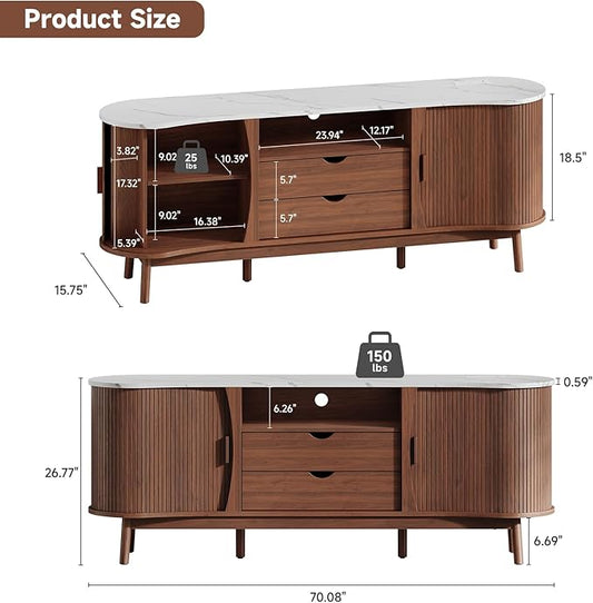 ONBRILL 70 Inch Fluted TV Stand for TVs up to 80 Inch, Curved Entertainment Center with LED Light, Power Outlet, Storage, Mid Century Modern Media TV Console Table for Living Room, Bedroom, Walnut