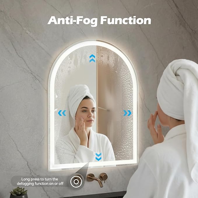 DUMOS 20"×28" LED Bathroom Mirror with Lights, Arched Vanity Mirror with Anti-Fog, Dimmable, 3-Color Light, Memory Function, Front Light and Backlit, Tempered Glass