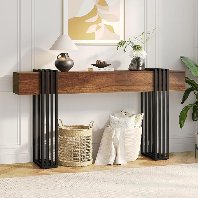 knoworld 63 Inch Long Console Table, Extra Thick Industrial Sofa Table Behind The Couch Rectangular Entryway Table for Entrance Hallway Living Room, Entire top Board & 4-Pipe Legs, Rustic Brown