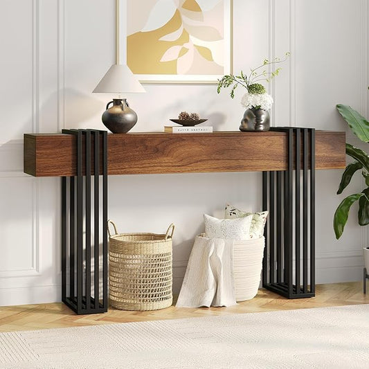 knoworld 63 Inch Long Console Table, Extra Thick Industrial Sofa Table Behind The Couch Rectangular Entryway Table for Entrance Hallway Living Room, Entire top Board & 4-Pipe Legs, Rustic Brown