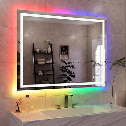 WTTY LED Bathroom Mirror 48"x36" with RGB Backlit and Front Light,Stepless Dimmable LED Mirror for Bathroom,Colored Lighted Bathroom Vanity Mirror,Anti-Fog,Memory Function,Shatter-Proof