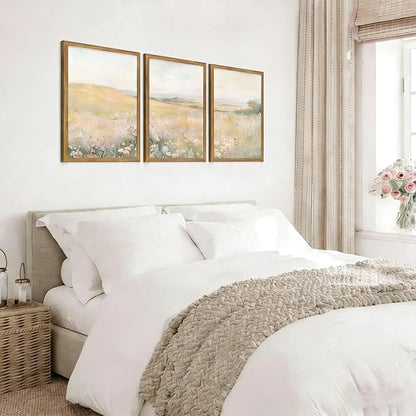 Framed 3Pcs FloralLandscape Canvas Wall Art French Country Painting Picture Wall Decor Vintage Country Wildflower Print Farmhouse Poster Artwork for Living Room Bedroom Home Decoration