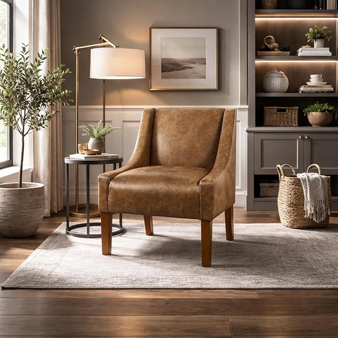 HomePop Modern Swoop Arm Accent Chair - Distressed Brown Faux Leather
