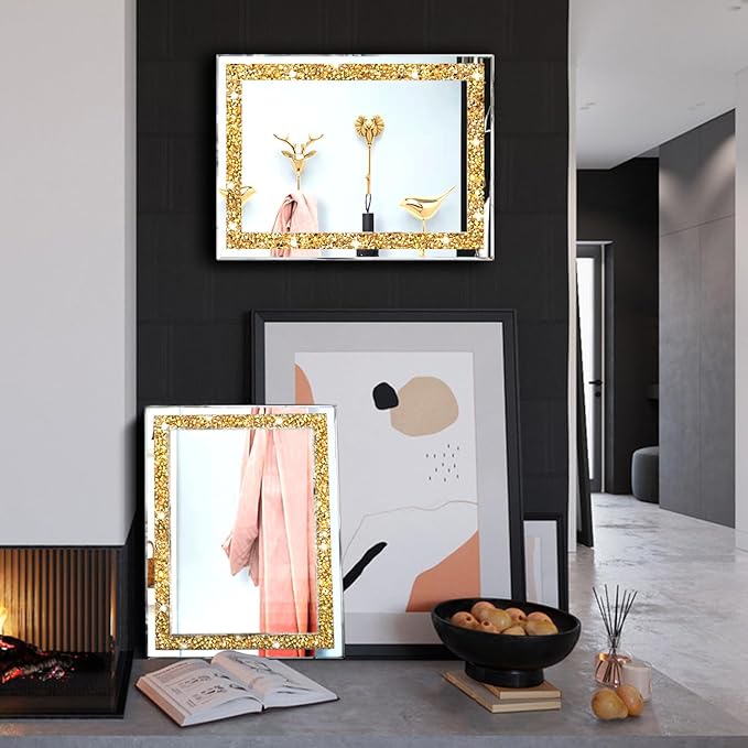 ZOLAPI 2PCS Crystal Rhinestone Diamond Wall Mirror.Brilliant Hand-Spliced Glass Mirror.Gold Accent Decorative Mirror for Hallway/Bathroom/Bedroom（11”x15”）