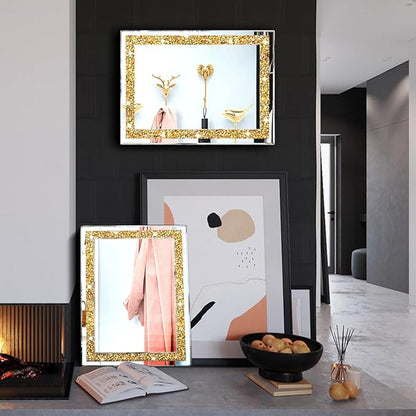 ZOLAPI 2PCS Crystal Rhinestone Diamond Wall Mirror.Brilliant Hand-Spliced Glass Mirror.Gold Accent Decorative Mirror for Hallway/Bathroom/Bedroom（11”x15”）