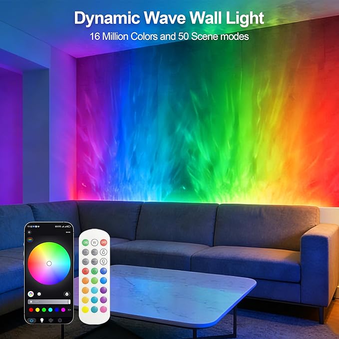 Wave Wall Light, 30W Smart RGBW Water Ripple Projector for Wall Decor – WiFi/App/Voice Controlled LED Wave Light, Color Changing Dimmable Wall Wash Lamp with Music Sync, Timer, 16M Colors