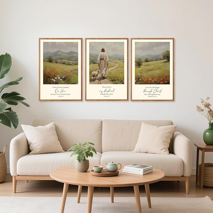 Aurlan Christian Bible Verses Framed Wall Art(16"x24"), 3PCS Vintage Jesus Leaves The 99 Lost Sheep Inspirational Scripture Canvas Artwork, Religious Abstract Flowers Nature Landscape Gallery Decor for Home Office Bedroom