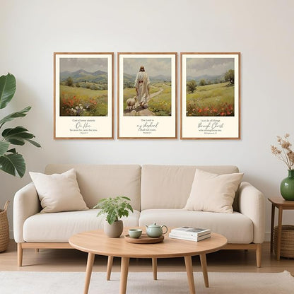 Aurlan Christian Bible Verses Framed Wall Art(16"x24"), 3PCS Vintage Jesus Leaves The 99 Lost Sheep Inspirational Scripture Canvas Artwork, Religious Abstract Flowers Nature Landscape Gallery Decor for Home Office Bedroom