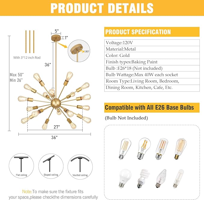 18 Light Gold Sputnik Chandeliers for Dining Room Light Fixture | Modern Farmhouse Chandeliers Over Table Hanging Lighting for Living Dining Room, Kitchen Island, Entryway, Foyer