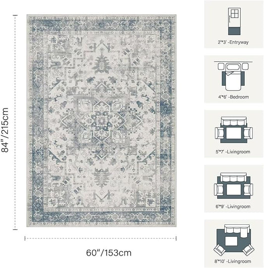 Rugxara Area Rugs 5x7, Washable Rugs for Living Room, Vintage Boho Light Blue Rug for Office, Dining Room, home decorKids Room and Farmhouse,Home Decor Durable Low Pile Non-Slip for High Traffic Areas
