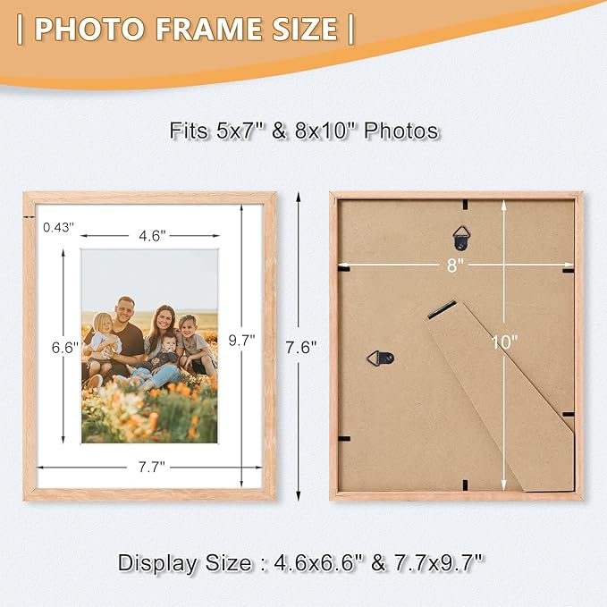 8x10 Picture Frame, OAK Wood Photo Frame 5x7 with Mat or 8x10 without Mat with Perspex Glass for Vertical or Horizontal Tabletop Wall Display for Photos, Paintings, Posters, Artwork, Set of 3