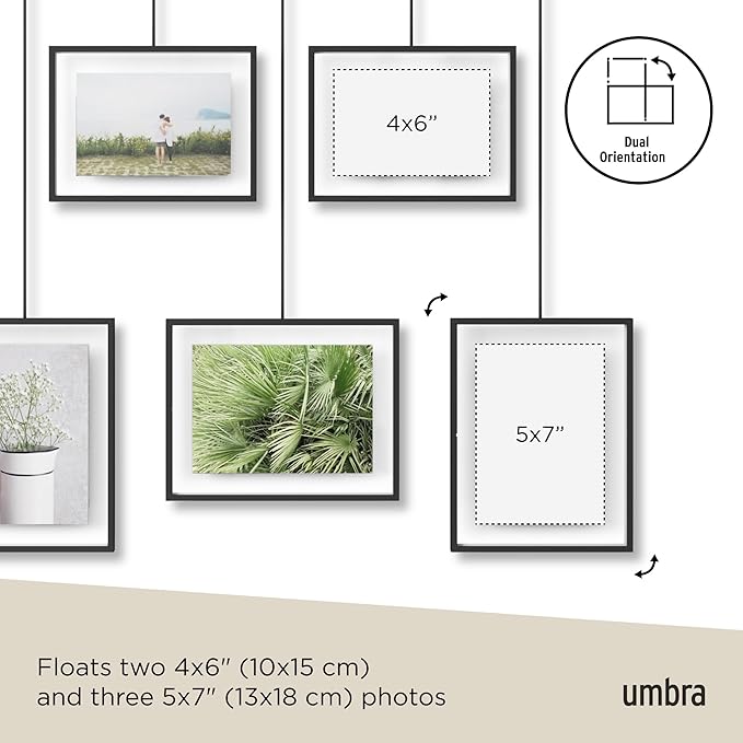 Umbra Exhibit Picture Frame Gallery Set, Adjustable Wall Collage Displays Five Photos (Two 4x6" and Three 5x7"), Set of 5, Black