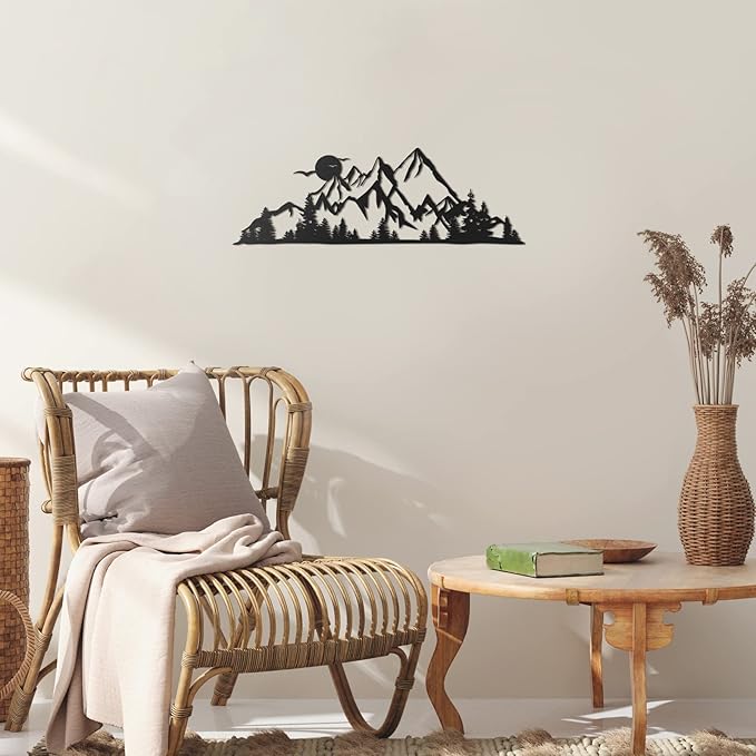 Demissle Metal Mountain Wall Art Blue Ridge Mountain Wall Decor Nature Forest Tree Sticker 15.7 x 5.3 Inch Summit Rustic Sign Scene Art Decor for Home Living Room Bedroom Indoor Outdoor(Black)