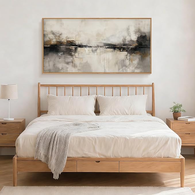 HOURIA Large Abstract Neutral Beige & Black Framed Canvas Wall Art Set,Modern Minimalist Brown Wall Decor,Textured Gray Tan Illustrations Artwork for Living Room, Bedroom, Farmhouse- 40"x20"x1