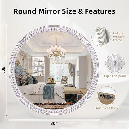 30 Inch Rustic Farmhouse Round Wood Mirror for Wall Decor, Boho Decorative Circle Mirrors for Bathroom Over Sink, Entryway, Living Room& Bedroom