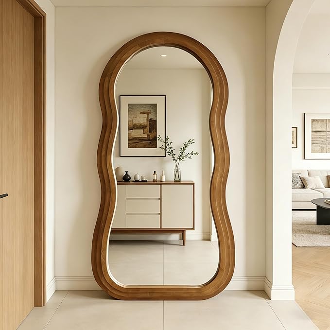 Wavy Full Length Mirror, 71"x33.5" Oversized Aesthetic Floor Mirrors with Triple Layer Solid Wood Frame, Premium Organic Full Body Mirror for Living Room Entryway Cloakroom, Leaning/Hanging