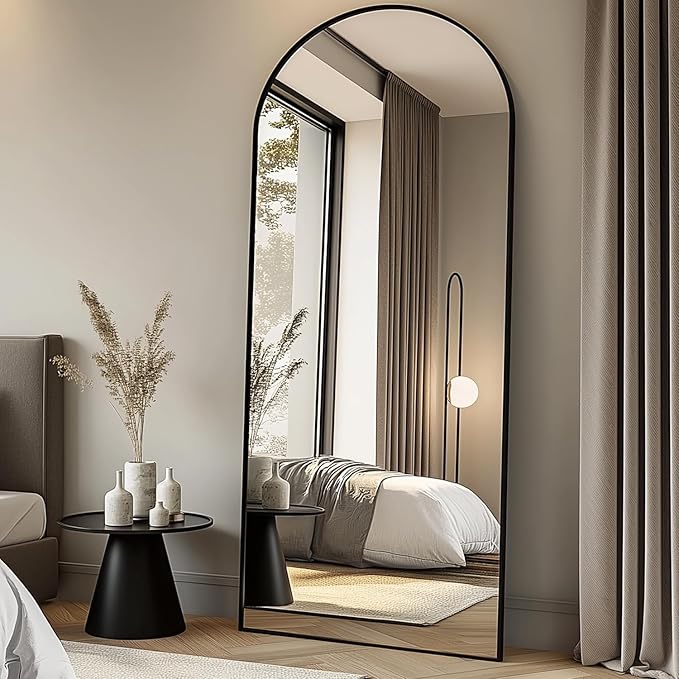 Full Length Mirror, 71''x30'' Floor Mirror with Stand, Arched Wall Mounted Mirror, Large Full Body Mirror with Aluminum Frame Hanging or Leaning for Bedroom, Living Room, Cloakroom (Black)