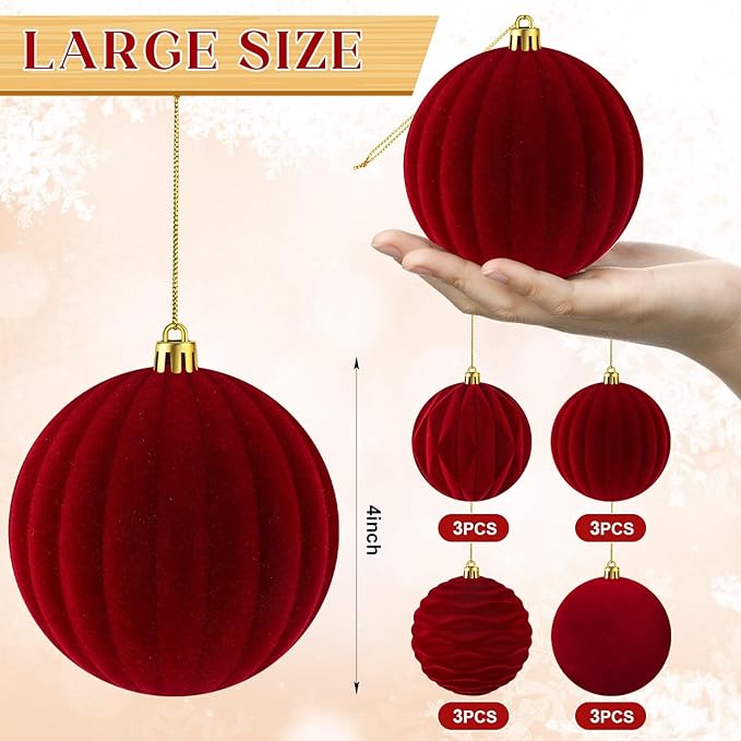 Liliful 12 Pcs Velvet Christmas Ornaments Balls, 4 Inch Flocked Plastic Christmas Tree Ball Shatterproof Hanging Ornaments Decorations for Xmas Tree Vintage Holiday Rustic Home Decor(Wine Red)