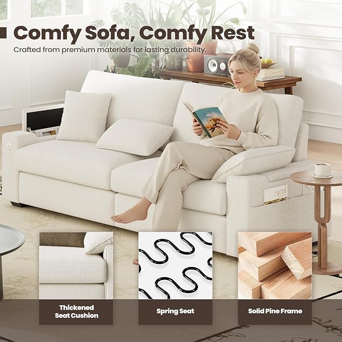 COLAMY 89" Loveseat Sofa, Modular Midcentury Modern 3-Seat Sofa, with USB Type C Ports and 4 Pillows for Home Living Room, Beige | USB Type C Ports