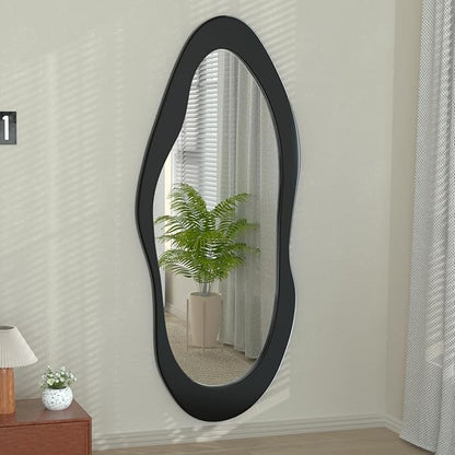 55"x 24" Irregular Wavy Full Length Mirror Black Wooden Framed Full Body Mirror Irregular Wall Mirrors Hanging for Bedroom Living Room Cloakroom