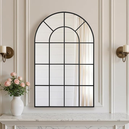 Anpark Arched Windowpane Wall Mirror 24"x36" Black Wall Mounted Art Pane Mirror Farmhouse Decorative Mirror Leaning Hanging Wall Mirror for Bedroom Living Room Entrance Hallway Wall Decor