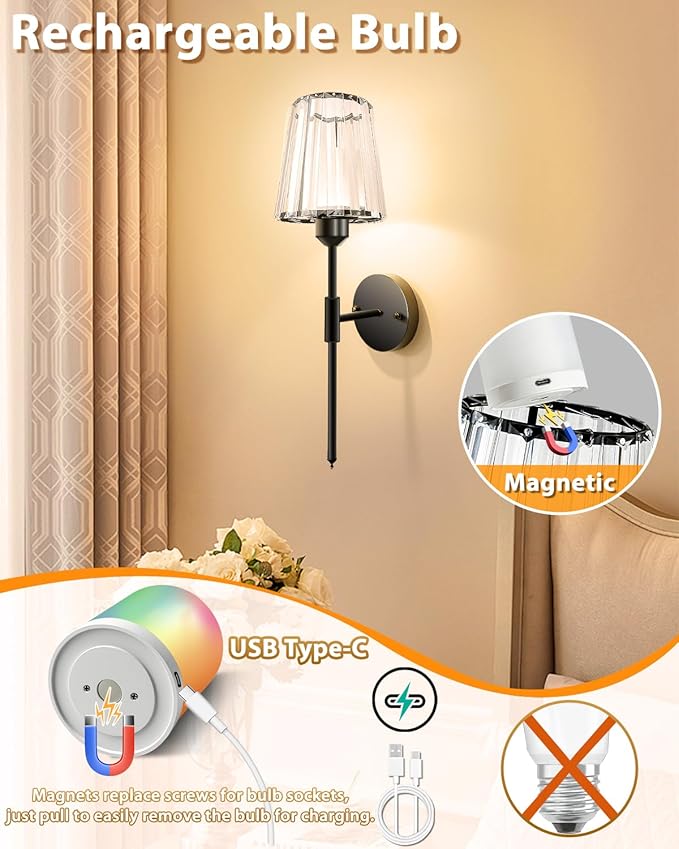 Adetu Crystal Battery Operated Wall Sconces Set of Two, Gold Rechargeable Wall Lights with 10000mAh Dimmable Magnetic Bulb, RGB Rechargeable Battery Wall Sconce with Remote Control for Bedroom Decor