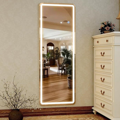 GLSLAND LED Full Length Mirror - 56" x 20" Floor Standing Mirror with Light for Bedroom/Cloakroom -Dimmable & 3 Color Lighting/Wall Mounted Full Body Mirrors