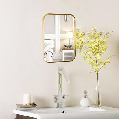 Gold Aluminum Metal Framed Mirror with Rounded Corners, Rust Resistant, Wall Mounted Mirror for Bedroom or Living Room,Vertical Hanging (Gold, 11.8x15.7inch)