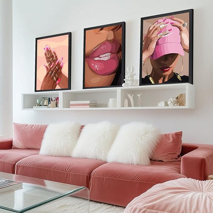 Hianan Fashion Black Girl Canvas Wall Art Modern Trendy African American Black Woman Poster Prints Pink Abstract Black Girl Aesthetic Pictures for Living Room Wood Framed Ready to Hang 12"x16"x3