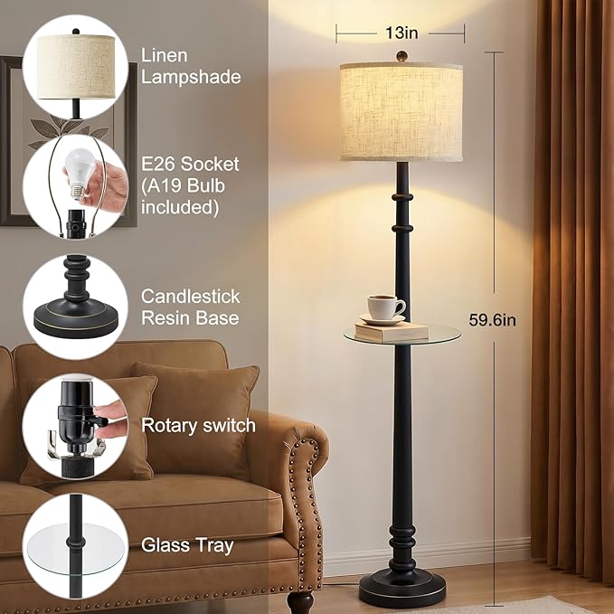 EJIAXIN Floor Lamps for Living Room with Side Table - 60" Resin Farmhouse Floor Lamp with Adjustable Color Temperatures - Vintage Standing Lamp Reading Light Retro Tall Lamp for Bedroom Office, Black