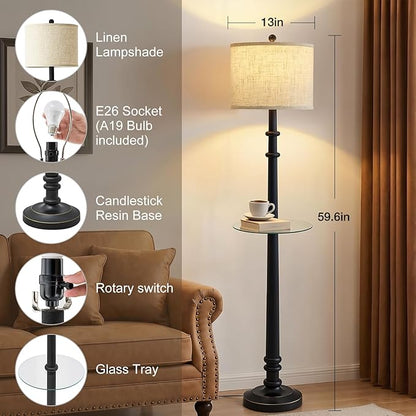 EJIAXIN Floor Lamps for Living Room with Side Table - 60" Resin Farmhouse Floor Lamp with Adjustable Color Temperatures - Vintage Standing Lamp Reading Light Retro Tall Lamp for Bedroom Office, Black
