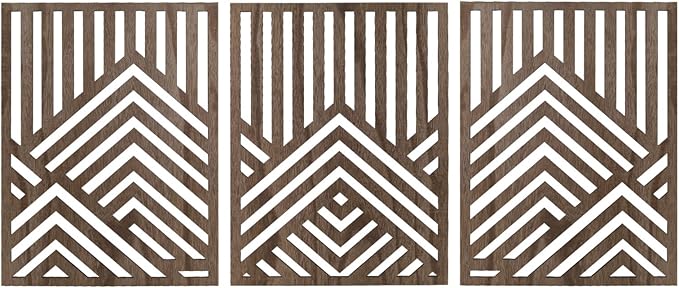 3PCS Wood Mountain Wall Art, Modern Wooden Panel Mountain Wall Decor, Decorative Forest Nature Abstract Line Minimalist Wall Art for Living Room Bedroom Farmhouse, 16.5x 12.5in (Dark brown)