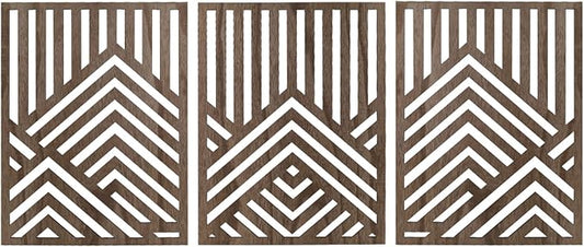 3PCS Wood Mountain Wall Art, Modern Wooden Panel Mountain Wall Decor, Decorative Forest Nature Abstract Line Minimalist Wall Art for Living Room Bedroom Farmhouse, 16.5x 12.5in (Dark brown)
