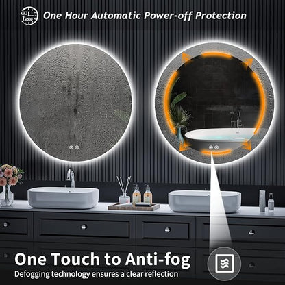 LED Round Bathroom Mirror, 36 Inch Backlit Wall Mounted Bathroom Mirror with Lights, Frameless Vanity Mirror with 3 Color Lights, CRI 95+, Anti-Fog, Shatter-Proof