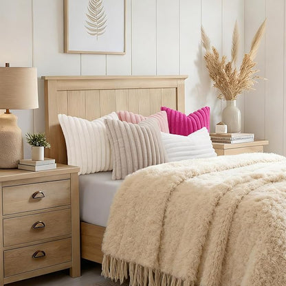 decorUhome Summer Cozy Faux Fur Throw Pillow Covers 20x20 Set of 2 Decorative Soft Plush Striped Modern Farmhouse Boho Couch Pillow Cases with Velvet Back for Sofa Bed Living Room, White