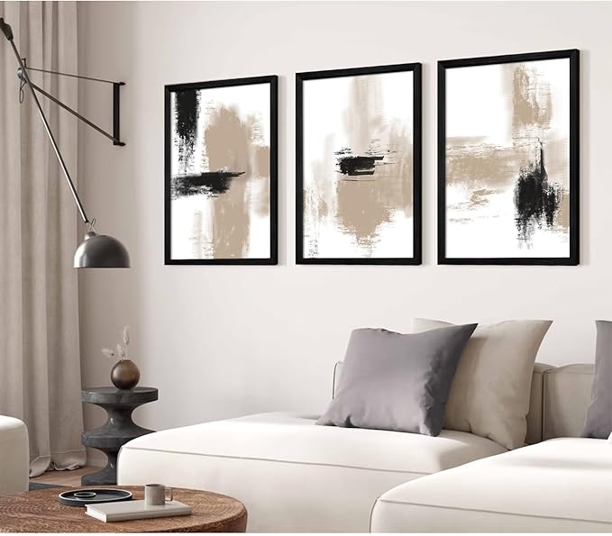 Joocrise Beige Abstract Wall Art Painting Set of 3 Neutral Canvas Wall Art Prints Black Beige Modern Wall Decor Minimalist Art Pictures Abstract Modern Artwork for Room Bedroom 12x16 Inch Wood Framed